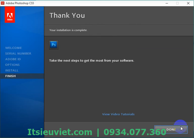 kết thúc quá trình cài Photoshop CS5