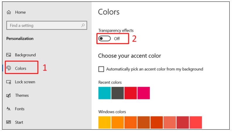 Tắt các hiệu ứng trong suốt trên windows