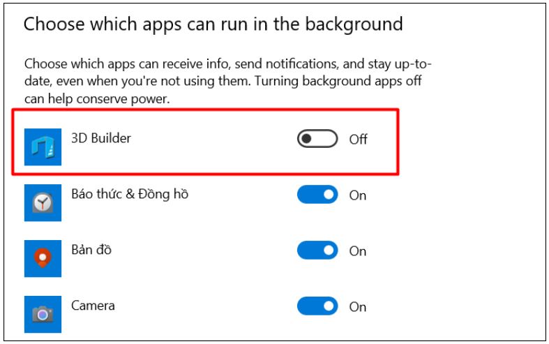 Nhấn on/off để tắt các ứng dụng không xử dụng