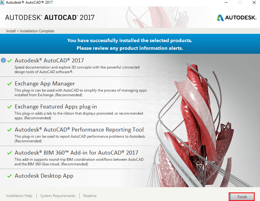 Kết thúc quá trình cài đặt Autocad 2017 ban chọn Finish