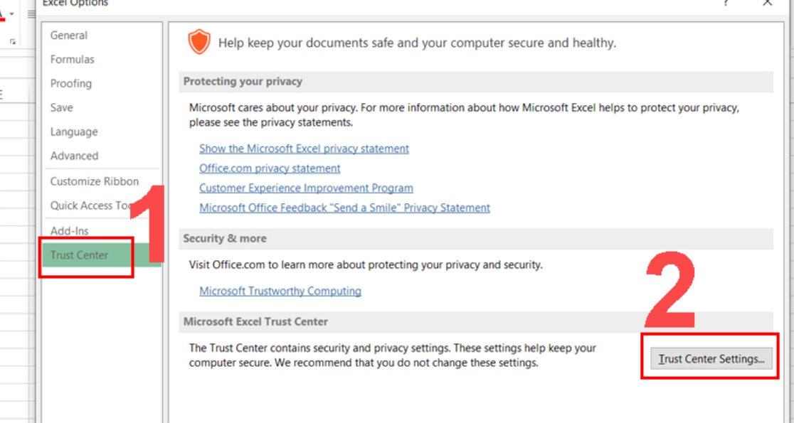 Chuyển đến nơi Trust Center> Chọn Trust Center Settings cách sửa lỗi file excel tải về không mở được
