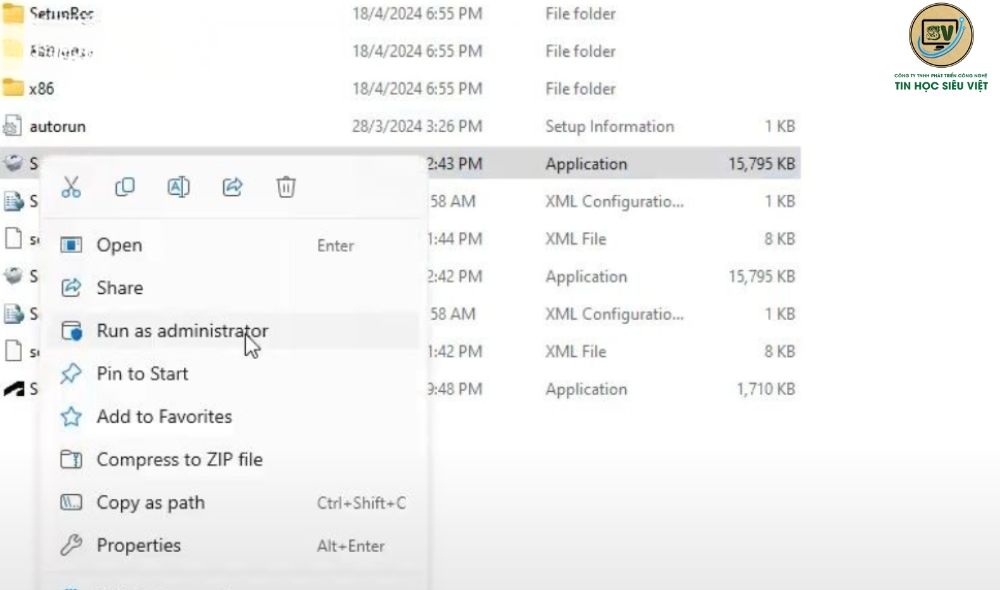 Chạy file setup dưới quyền admin