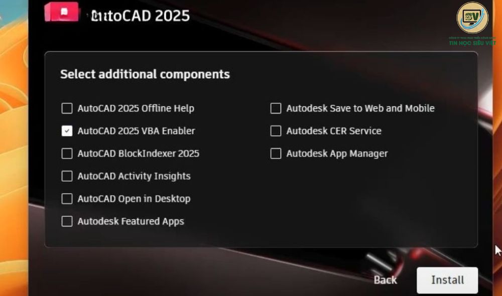 Tích chọn Autocad 2025 VBA Enabler sau đó nhấn Install