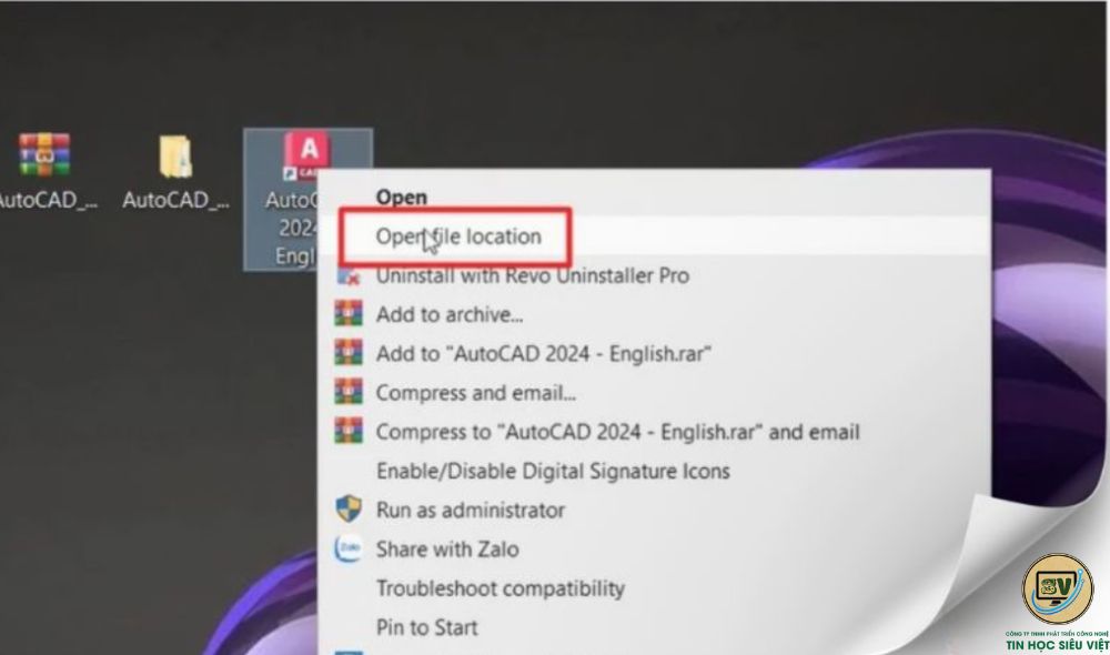 Chuột phải ứng dụng Autodesk autocad 2024 sau đó chọn Open file location