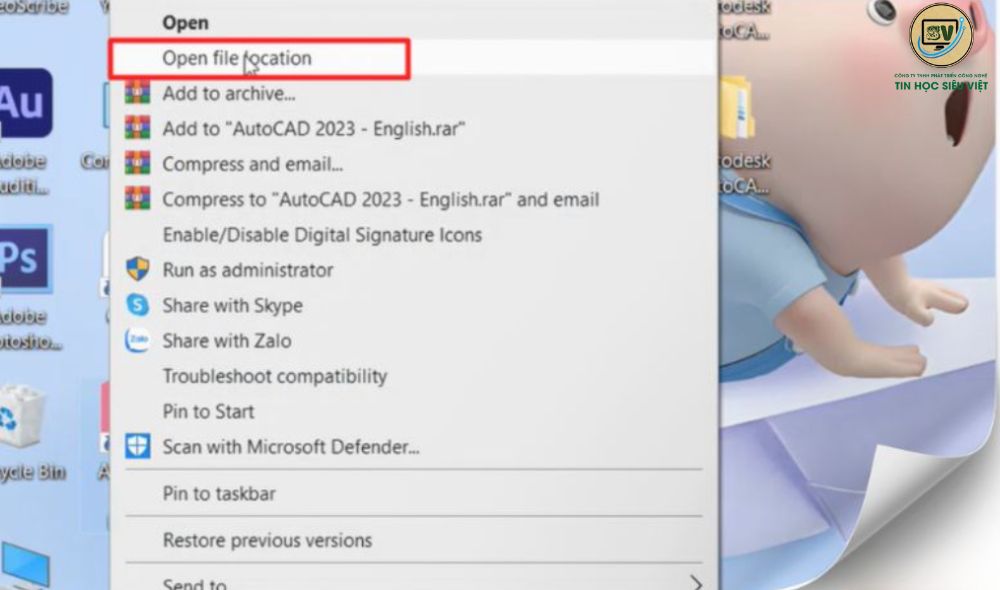 Chuột phải vào ứng dụng AutoDesk Auocad 2023 chọn Open file Location

